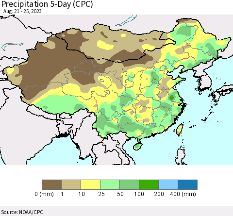 China, Mongolia and Taiwan Precipitation 5-Day (CPC) Thematic Map For 8/21/2023 - 8/25/2023