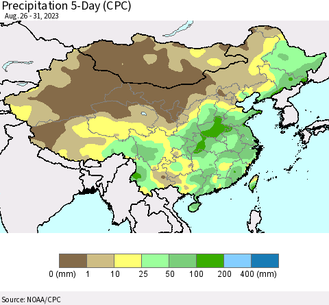 China, Mongolia and Taiwan Precipitation 5-Day (CPC) Thematic Map For 8/26/2023 - 8/31/2023