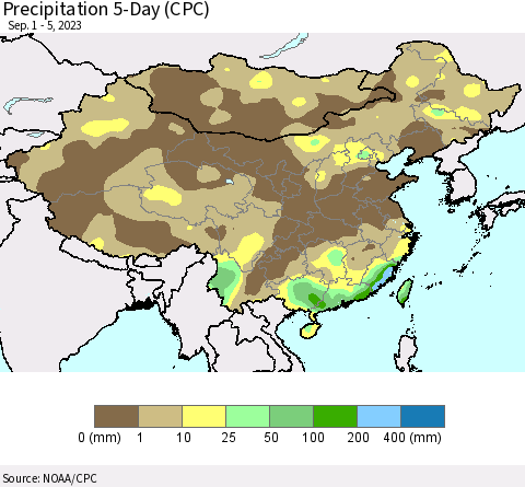 China, Mongolia and Taiwan Precipitation 5-Day (CPC) Thematic Map For 9/1/2023 - 9/5/2023