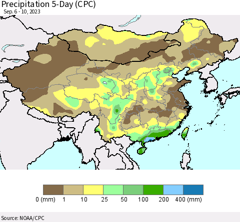 China, Mongolia and Taiwan Precipitation 5-Day (CPC) Thematic Map For 9/6/2023 - 9/10/2023