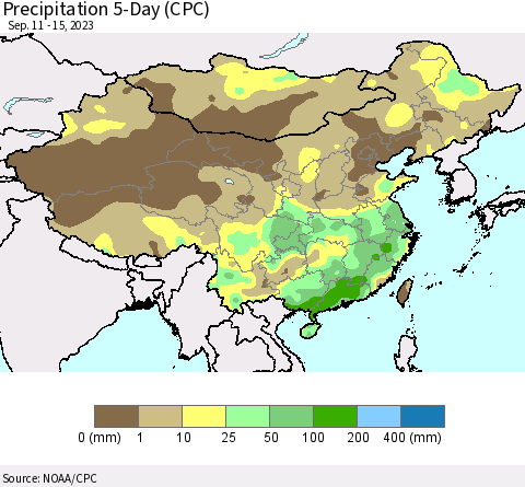 China, Mongolia and Taiwan Precipitation 5-Day (CPC) Thematic Map For 9/11/2023 - 9/15/2023