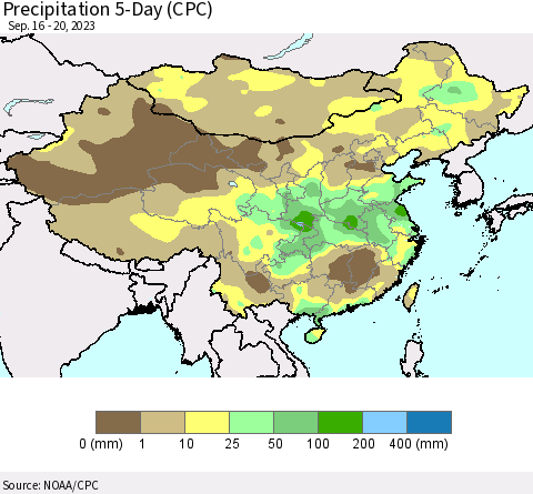 China, Mongolia and Taiwan Precipitation 5-Day (CPC) Thematic Map For 9/16/2023 - 9/20/2023