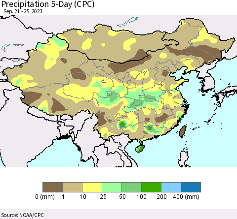 China, Mongolia and Taiwan Precipitation 5-Day (CPC) Thematic Map For 9/21/2023 - 9/25/2023
