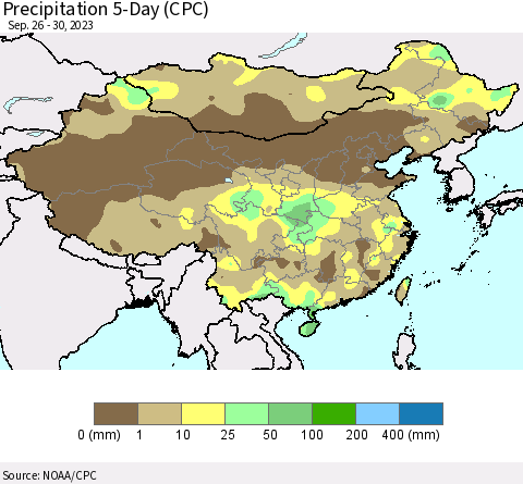 China, Mongolia and Taiwan Precipitation 5-Day (CPC) Thematic Map For 9/26/2023 - 9/30/2023
