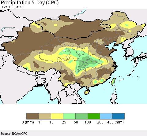 China, Mongolia and Taiwan Precipitation 5-Day (CPC) Thematic Map For 10/1/2023 - 10/5/2023