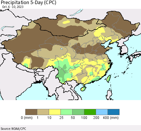 China, Mongolia and Taiwan Precipitation 5-Day (CPC) Thematic Map For 10/6/2023 - 10/10/2023