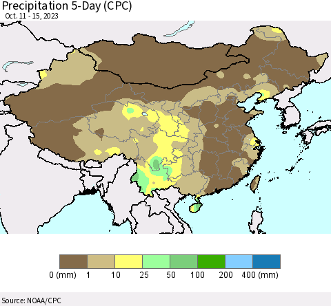China, Mongolia and Taiwan Precipitation 5-Day (CPC) Thematic Map For 10/11/2023 - 10/15/2023