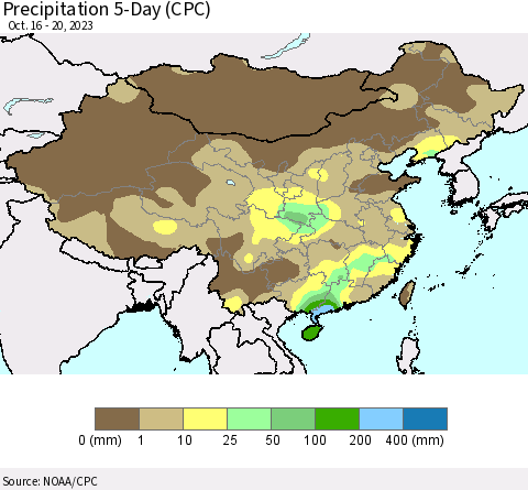 China, Mongolia and Taiwan Precipitation 5-Day (CPC) Thematic Map For 10/16/2023 - 10/20/2023