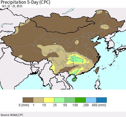China, Mongolia and Taiwan Precipitation 5-Day (CPC) Thematic Map For 10/21/2023 - 10/25/2023