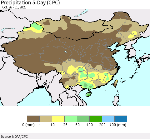 China, Mongolia and Taiwan Precipitation 5-Day (CPC) Thematic Map For 10/26/2023 - 10/31/2023
