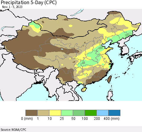China, Mongolia and Taiwan Precipitation 5-Day (CPC) Thematic Map For 11/1/2023 - 11/5/2023
