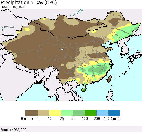 China, Mongolia and Taiwan Precipitation 5-Day (CPC) Thematic Map For 11/6/2023 - 11/10/2023