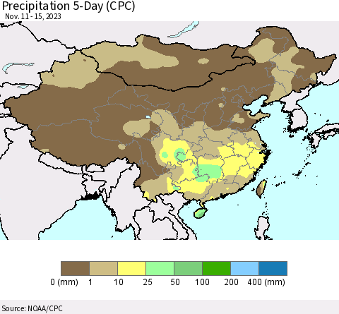 China, Mongolia and Taiwan Precipitation 5-Day (CPC) Thematic Map For 11/11/2023 - 11/15/2023