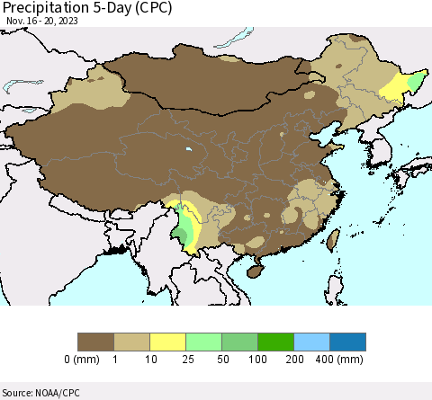China, Mongolia and Taiwan Precipitation 5-Day (CPC) Thematic Map For 11/16/2023 - 11/20/2023