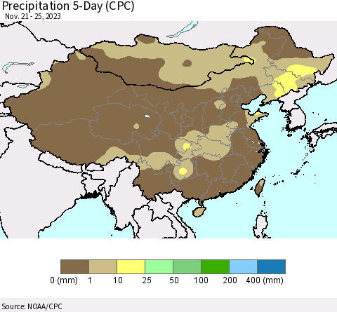 China, Mongolia and Taiwan Precipitation 5-Day (CPC) Thematic Map For 11/21/2023 - 11/25/2023