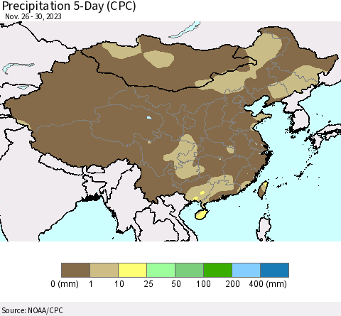China, Mongolia and Taiwan Precipitation 5-Day (CPC) Thematic Map For 11/26/2023 - 11/30/2023