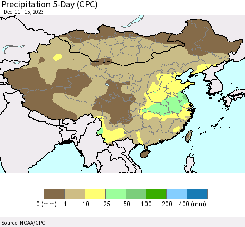 China, Mongolia and Taiwan Precipitation 5-Day (CPC) Thematic Map For 12/11/2023 - 12/15/2023