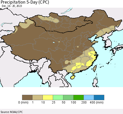 China, Mongolia and Taiwan Precipitation 5-Day (CPC) Thematic Map For 12/16/2023 - 12/20/2023