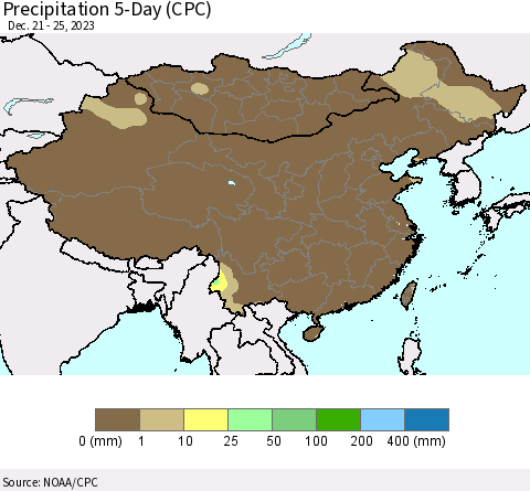 China, Mongolia and Taiwan Precipitation 5-Day (CPC) Thematic Map For 12/21/2023 - 12/25/2023