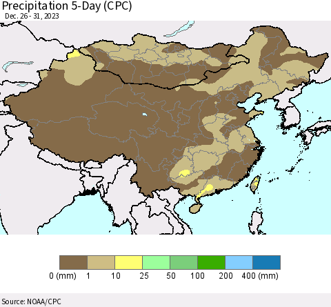 China, Mongolia and Taiwan Precipitation 5-Day (CPC) Thematic Map For 12/26/2023 - 12/31/2023