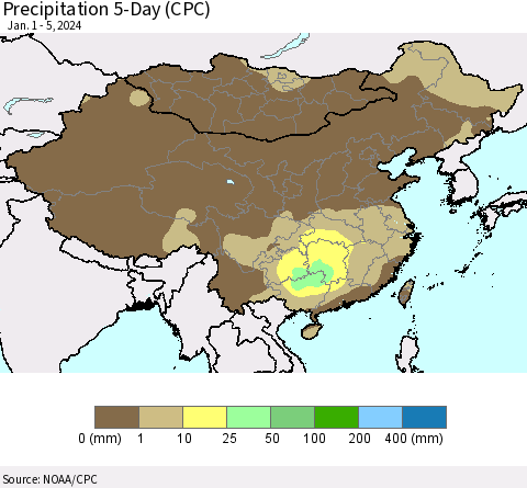 China, Mongolia and Taiwan Precipitation 5-Day (CPC) Thematic Map For 1/1/2024 - 1/5/2024