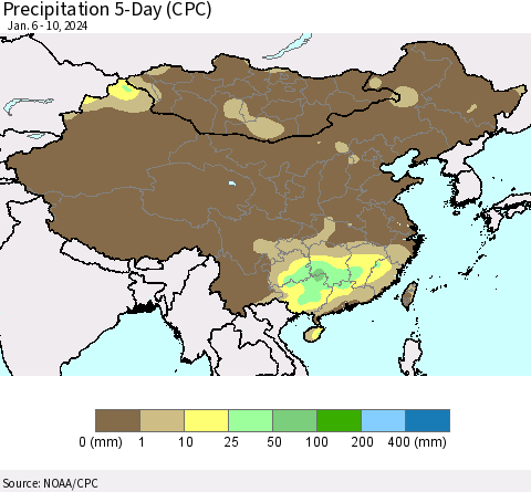 China, Mongolia and Taiwan Precipitation 5-Day (CPC) Thematic Map For 1/6/2024 - 1/10/2024