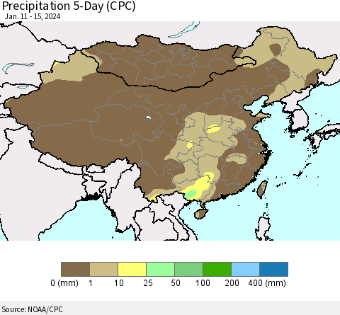 China, Mongolia and Taiwan Precipitation 5-Day (CPC) Thematic Map For 1/11/2024 - 1/15/2024