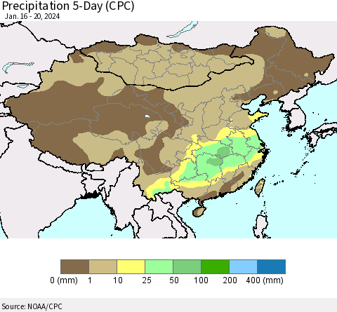 China, Mongolia and Taiwan Precipitation 5-Day (CPC) Thematic Map For 1/16/2024 - 1/20/2024