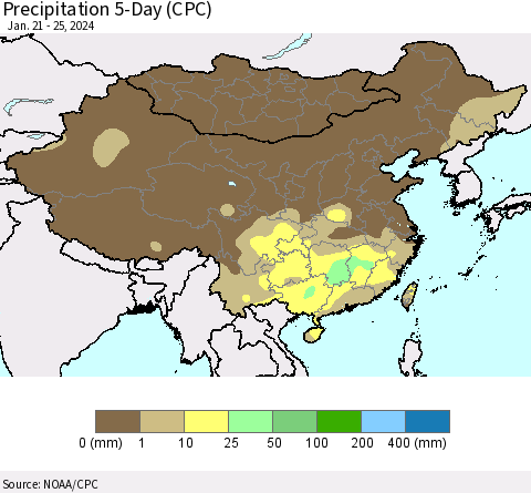 China, Mongolia and Taiwan Precipitation 5-Day (CPC) Thematic Map For 1/21/2024 - 1/25/2024
