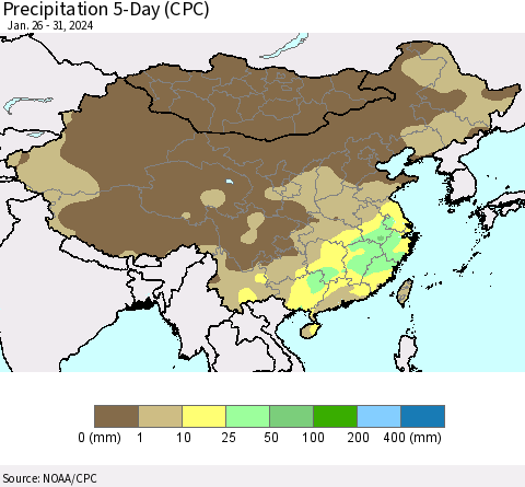 China, Mongolia and Taiwan Precipitation 5-Day (CPC) Thematic Map For 1/26/2024 - 1/31/2024