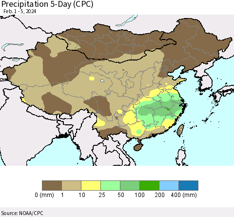 China, Mongolia and Taiwan Precipitation 5-Day (CPC) Thematic Map For 2/1/2024 - 2/5/2024