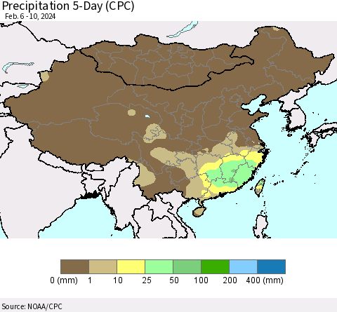 China, Mongolia and Taiwan Precipitation 5-Day (CPC) Thematic Map For 2/6/2024 - 2/10/2024