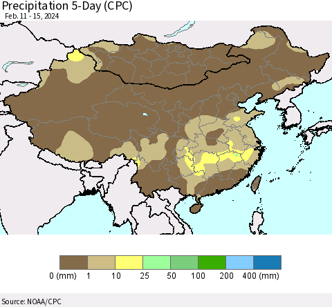 China, Mongolia and Taiwan Precipitation 5-Day (CPC) Thematic Map For 2/11/2024 - 2/15/2024