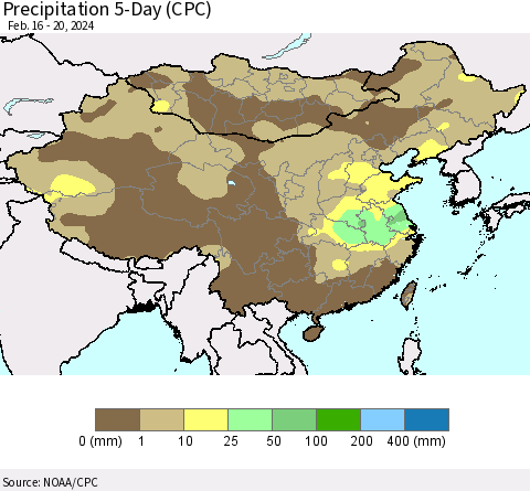 China, Mongolia and Taiwan Precipitation 5-Day (CPC) Thematic Map For 2/16/2024 - 2/20/2024