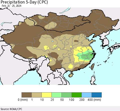 China, Mongolia and Taiwan Precipitation 5-Day (CPC) Thematic Map For 2/21/2024 - 2/25/2024