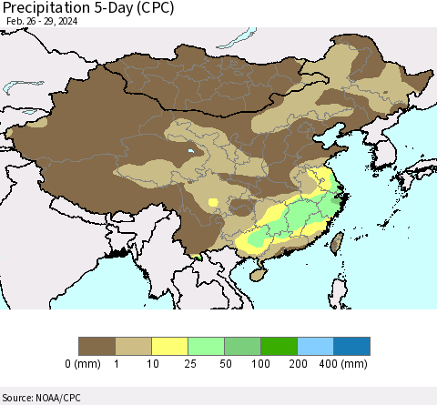 China, Mongolia and Taiwan Precipitation 5-Day (CPC) Thematic Map For 2/26/2024 - 2/29/2024
