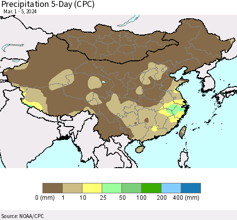 China, Mongolia and Taiwan Precipitation 5-Day (CPC) Thematic Map For 3/1/2024 - 3/5/2024