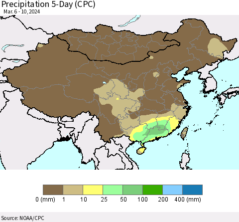 China, Mongolia and Taiwan Precipitation 5-Day (CPC) Thematic Map For 3/6/2024 - 3/10/2024