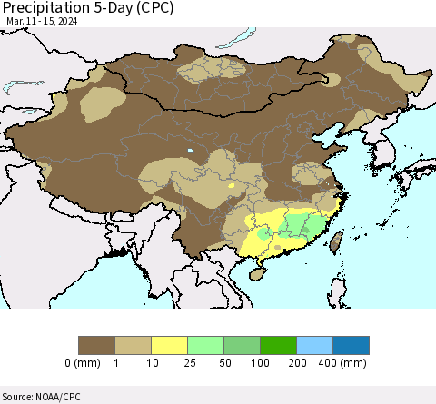 China, Mongolia and Taiwan Precipitation 5-Day (CPC) Thematic Map For 3/11/2024 - 3/15/2024