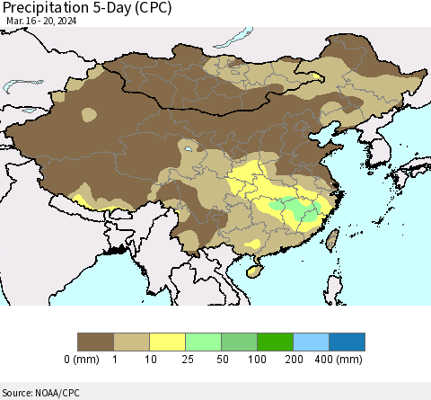 China, Mongolia and Taiwan Precipitation 5-Day (CPC) Thematic Map For 3/16/2024 - 3/20/2024