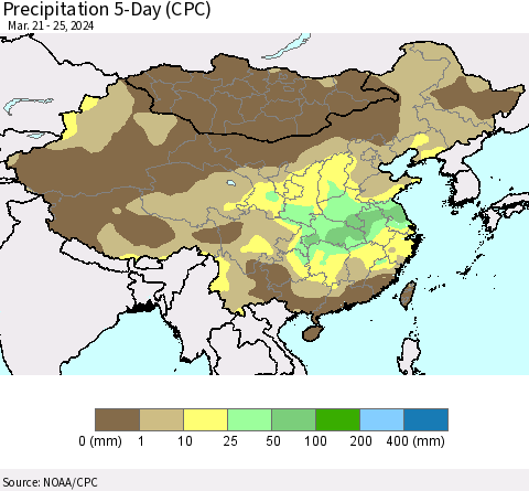 China, Mongolia and Taiwan Precipitation 5-Day (CPC) Thematic Map For 3/21/2024 - 3/25/2024
