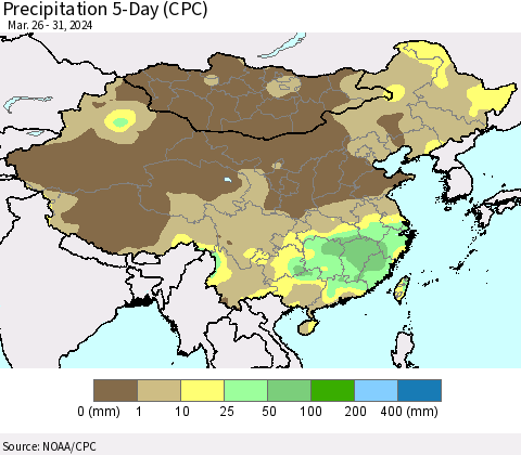 China, Mongolia and Taiwan Precipitation 5-Day (CPC) Thematic Map For 3/26/2024 - 3/31/2024