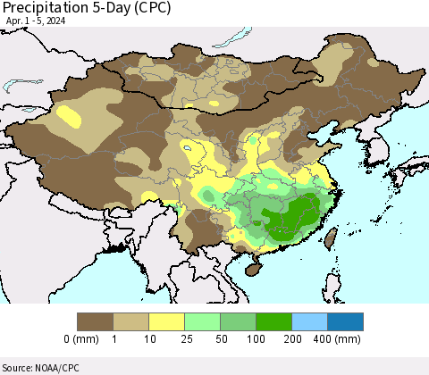 China, Mongolia and Taiwan Precipitation 5-Day (CPC) Thematic Map For 4/1/2024 - 4/5/2024