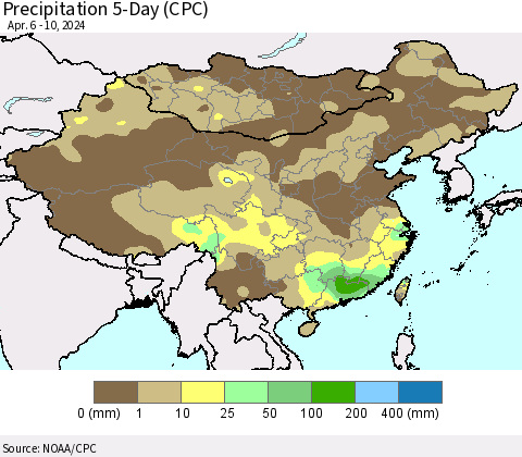 China, Mongolia and Taiwan Precipitation 5-Day (CPC) Thematic Map For 4/6/2024 - 4/10/2024