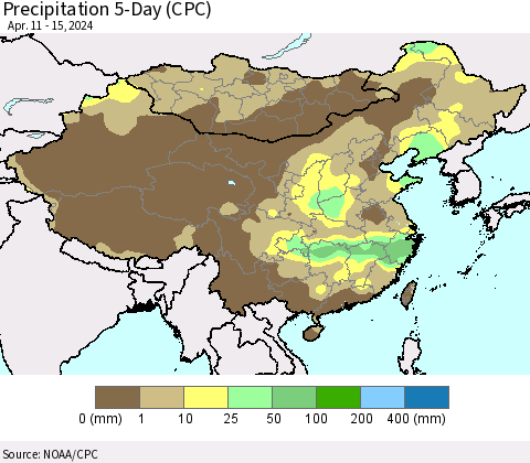 China, Mongolia and Taiwan Precipitation 5-Day (CPC) Thematic Map For 4/11/2024 - 4/15/2024
