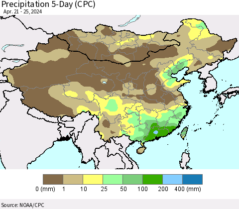 China, Mongolia and Taiwan Precipitation 5-Day (CPC) Thematic Map For 4/21/2024 - 4/25/2024