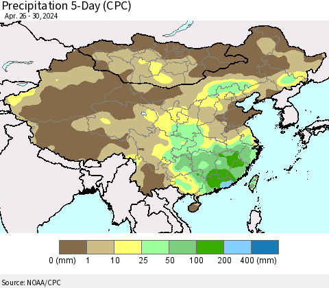 China, Mongolia and Taiwan Precipitation 5-Day (CPC) Thematic Map For 4/26/2024 - 4/30/2024
