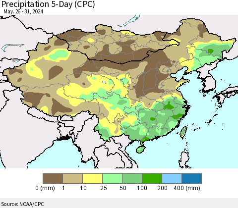 China, Mongolia and Taiwan Precipitation 5-Day (CPC) Thematic Map For 5/26/2024 - 5/31/2024