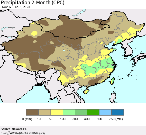 China, Mongolia and Taiwan Precipitation 2-Month (CPC) Thematic Map For 11/6/2019 - 1/5/2020