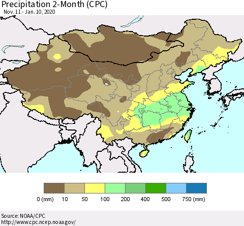 China, Mongolia and Taiwan Precipitation 2-Month (CPC) Thematic Map For 11/11/2019 - 1/10/2020